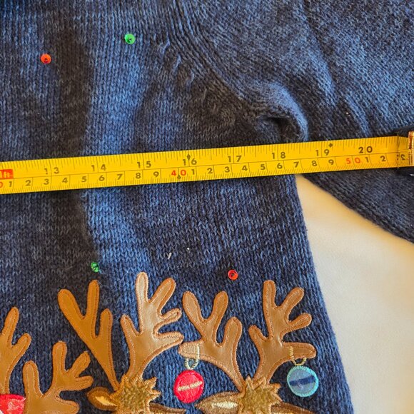 Holiday zippered cardigan sweater with reindeers sequins. Navy Size small - Picture 7 of 7
